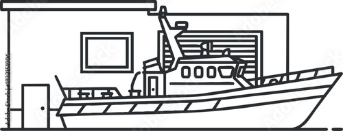 A fishing boat docked at a harbor in an outline vector style, suitable for maritime industry designs