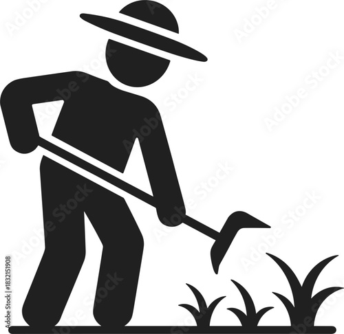 Gardener with hoe tending to plants icon on white background Keywords: gardening, gardener, hoe, tool, plant, grass, lawn