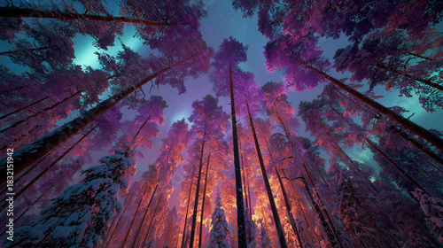 A breathtaking winter forest stands tall, bathed in enchanting hues and illuminated beneath a sparkling, starlit sky