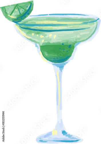Watercolor Sketchy Classic Green Daiquiri Cocktail with Lime