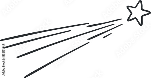 A shooting star with a trailing comet tail in outline minimalist vector style, perfect for magical and whimsical designs