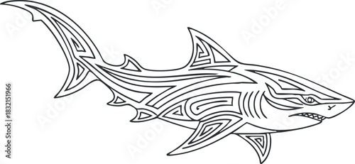 A tribal shark illustration in black and white outline vector style, ideal for tattoo designs and marine-themed graphics