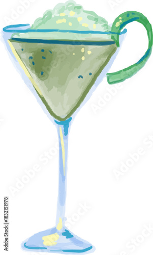 Hand-Drawn Watercolor Classic Green Gimlet Martini Cocktail