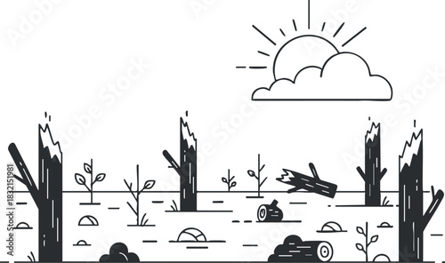 A deforested landscape with stumps and small plants under a sun and clouds in black and white outline vector style, suitable for environmental awareness projects