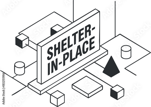A shelter-in-place warning sign in minimalist outline vector style, ideal for public health communication and safety guidelines