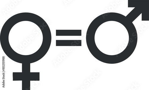 A gender equality symbol featuring male and female icons connected by an equals sign in minimalist black and white vector style, ideal for social justice projects
