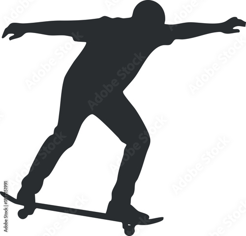 A silhouette of a skateboarder performing a trick in a dynamic pose, designed in a minimalist vector style, ideal for sports and lifestyle graphics