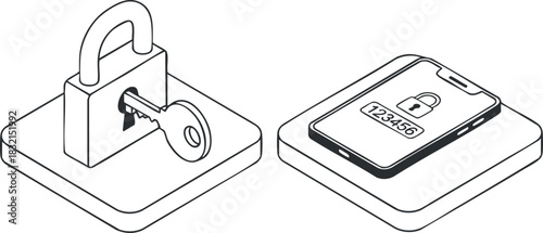 A lock and key illustration alongside a smartphone with a security code in minimalist black and white vector style, suitable for cybersecurity and digital safety themes