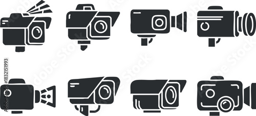 A set of various camera icons in black and white minimalist vector style, suitable for photography and media branding
