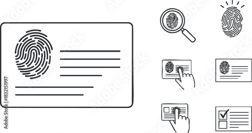 A fingerprint on an identification card with various icons representing scanning and verification in modern outline vector style, ideal for security and technology applications