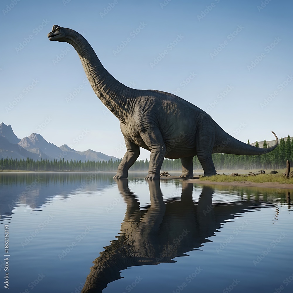 Fototapeta premium Majestic Brachiosaurus Standing in Calm Lake with Reflection.