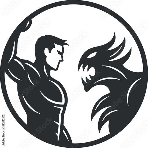 A heroic figure facing a menacing dragon in black and white circular outline vector style, ideal for fantasy-themed designs