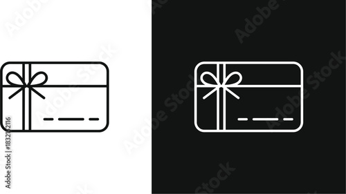 Gift card icon with ribbon and bow on white and black backgrounds present voucher