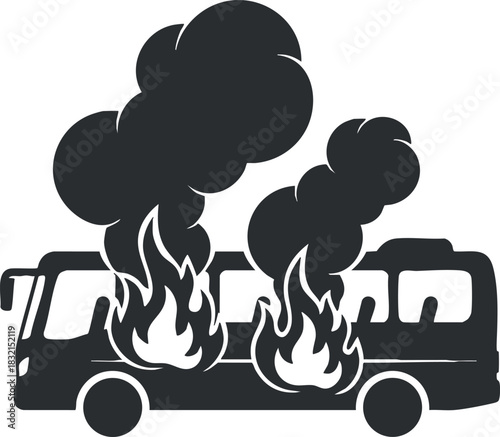 A burning bus with flames and smoke in black and white vector style, suitable for emergency response graphics