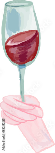Watercolor Hand Holding Full Glass of Red Wine Drink