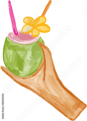 Hand-Drawn Watercolor Exotic Cocktail in Coconut with Flower
