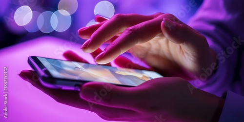 Woman using modern smartphone with colorful neon lights in background