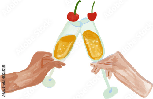 Watercolor Two Hands Making Toast with Champagne Flutes