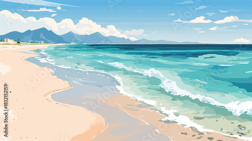 Serenity Beach Landscape with Water, Scenic Tropical View Decoration