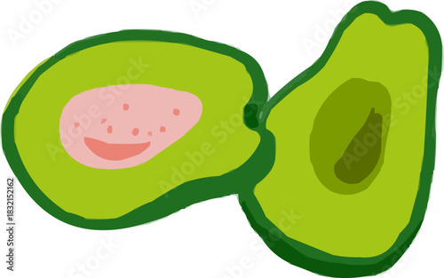 Hand-Drawn Watercolor Half Cut Avocado Fruit with Seed