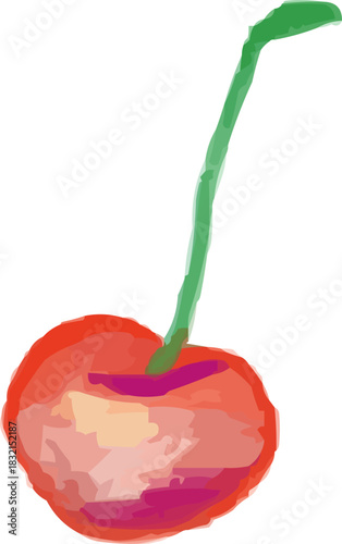 Hand-Drawn Watercolor Isolated Single Red Cherry