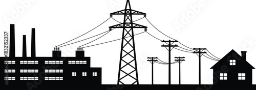 Industrial factory power lines and house silhouette on white background Keywords: factory, industry, power lines, electricity