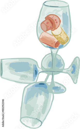 Hand-Drawn Watercolor Empty Wine Glasses Cork Composition