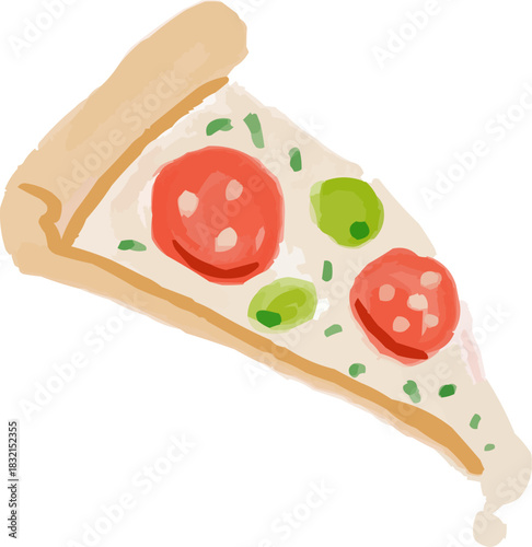 Watercolor Sketchy Pizza Slice Stretched Cheese Salami