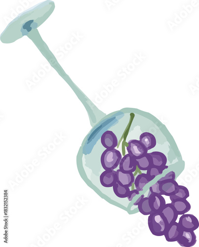 Watercolor Glass of Red Wine with Blue Grapes Garnish
