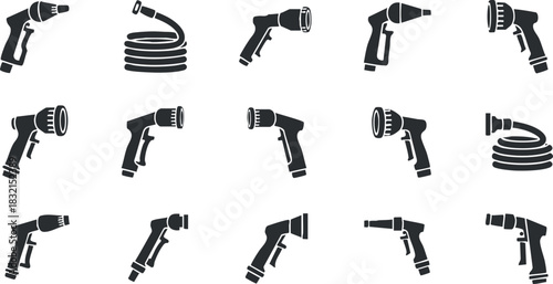 A collection of garden hose nozzles and spray guns in black and white vector style, ideal for gardening and landscaping projects