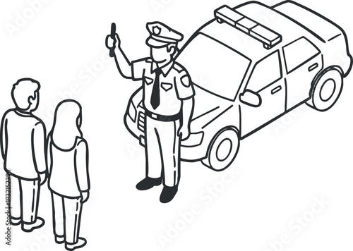 A police officer interacting with two civilians near a police car in a black and white outline vector style, suitable for law enforcement and safety illustrations