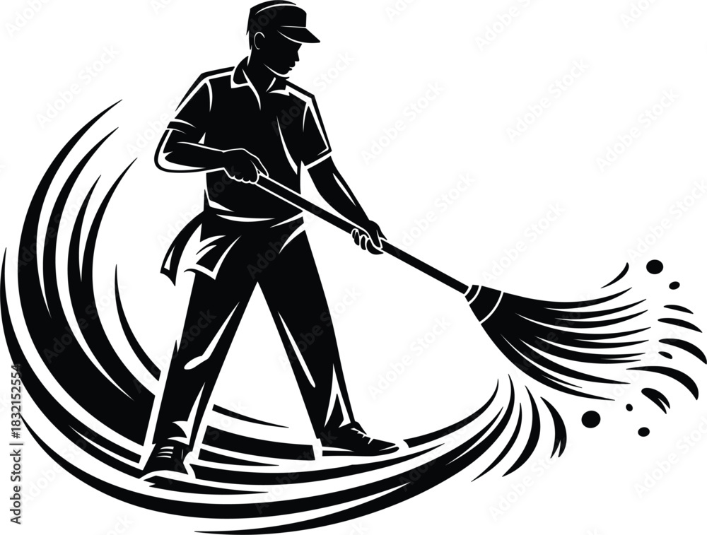 Fototapeta premium Janitor with broom and dust particles logo on white background Keywords: janitor, cleaner, sweeping, broom, dust, particles