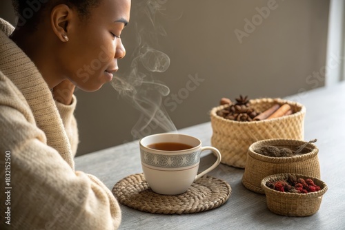Woman enjoying a warm cup of herbal tea indoors
