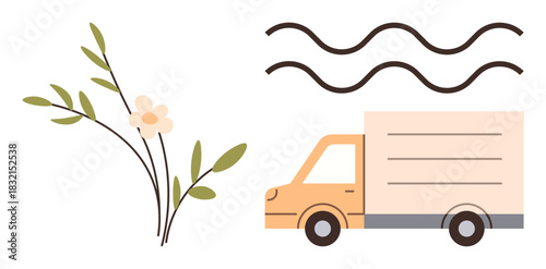 Truck carrying goods paired with floral branch and airy lines signaling freshness, sustainability, eco-delivery. Ideal for environment, transport, nature, logistics, eco-friendly concepts, climate