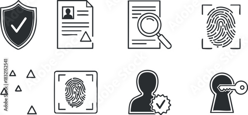 A set of security and identity verification icons in clean outline vector style, suitable for technology and digital design projects