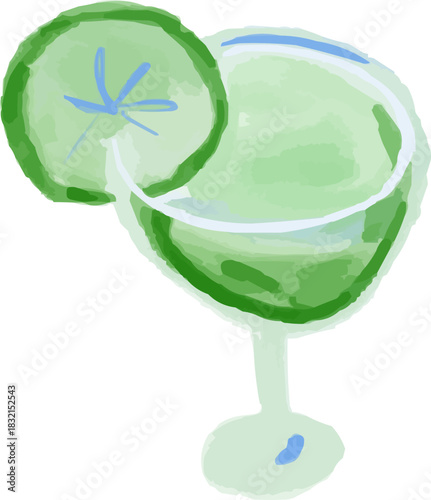 Watercolor Sketchy Classic Green Gimlet Cocktail with Lime