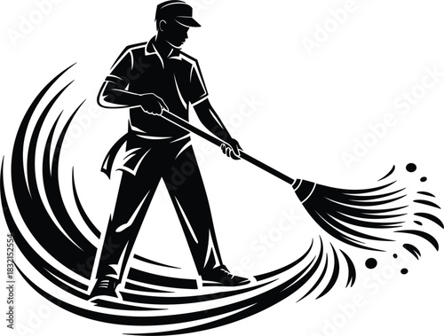 Janitor with broom and dust particles logo on white background Keywords: janitor, cleaner, sweeping, broom, dust, particles