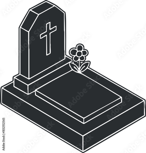 A simple outline illustration of a grave with a tombstone and a cross, in minimalist vector style, suitable for memorial designs