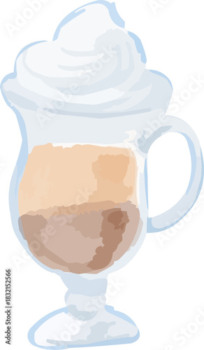 Hand-Drawn Watercolor Glass of Latte Coffee with Foam