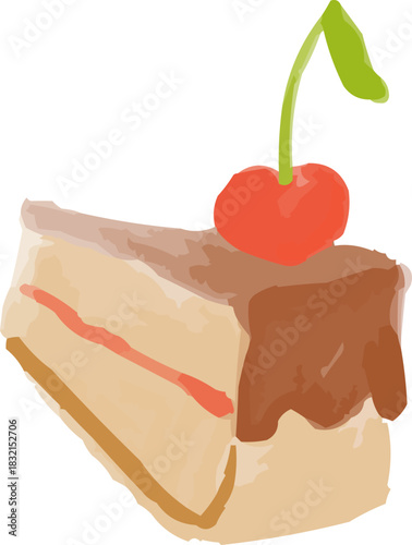 Watercolor Sketchy Cheesecake Slice Chocolate Topping Cherry