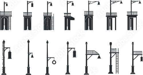 A collection of street lamp designs in black and white vector style, ideal for urban planning and architectural projects