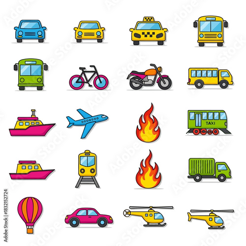 Colorful flat design transportation icons collection on white