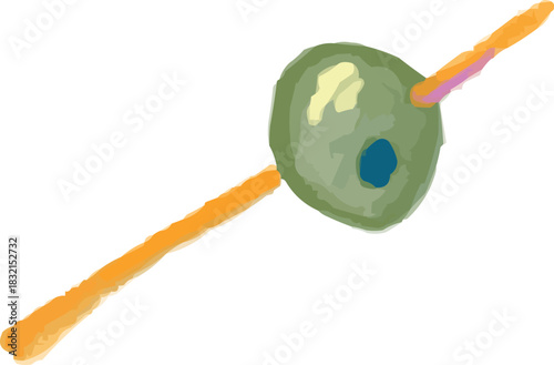 Watercolor Sketchy Isolated Green Olive on Cocktail Stick