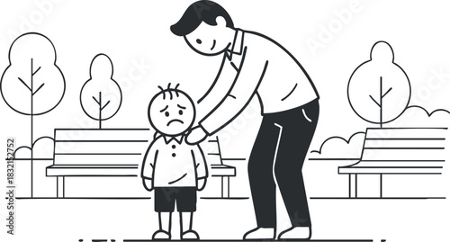A father comforting his sad child in a minimalist black and white vector illustration, suitable for parenting themes and emotional support