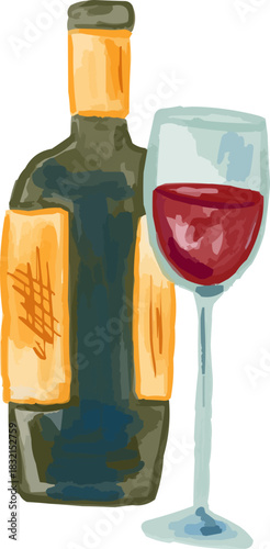 Hand-Drawn Watercolor Bottle and Glass of Red Wine