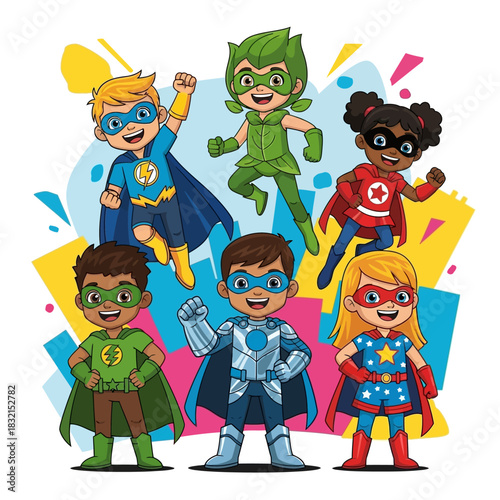 Diverse group of young superhero kids with vibrant costumes