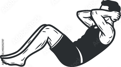A man performing a sit-up exercise in black and white line art vector style, ideal for fitness and gym-related projects