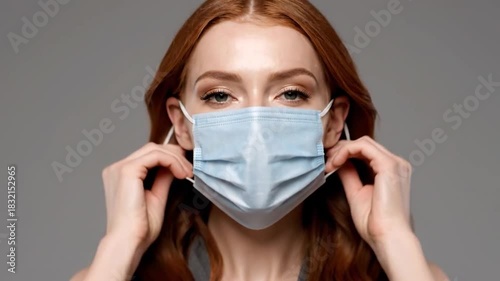 Redhead adjusts light-blue surgical mask on gray background