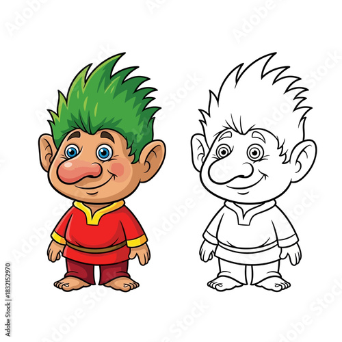 Smiling cartoon troll with green hair and outline illustration