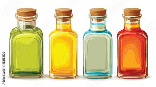 Vibrant Four Bottles of Various Colors Including Red Tone - Stock Photo